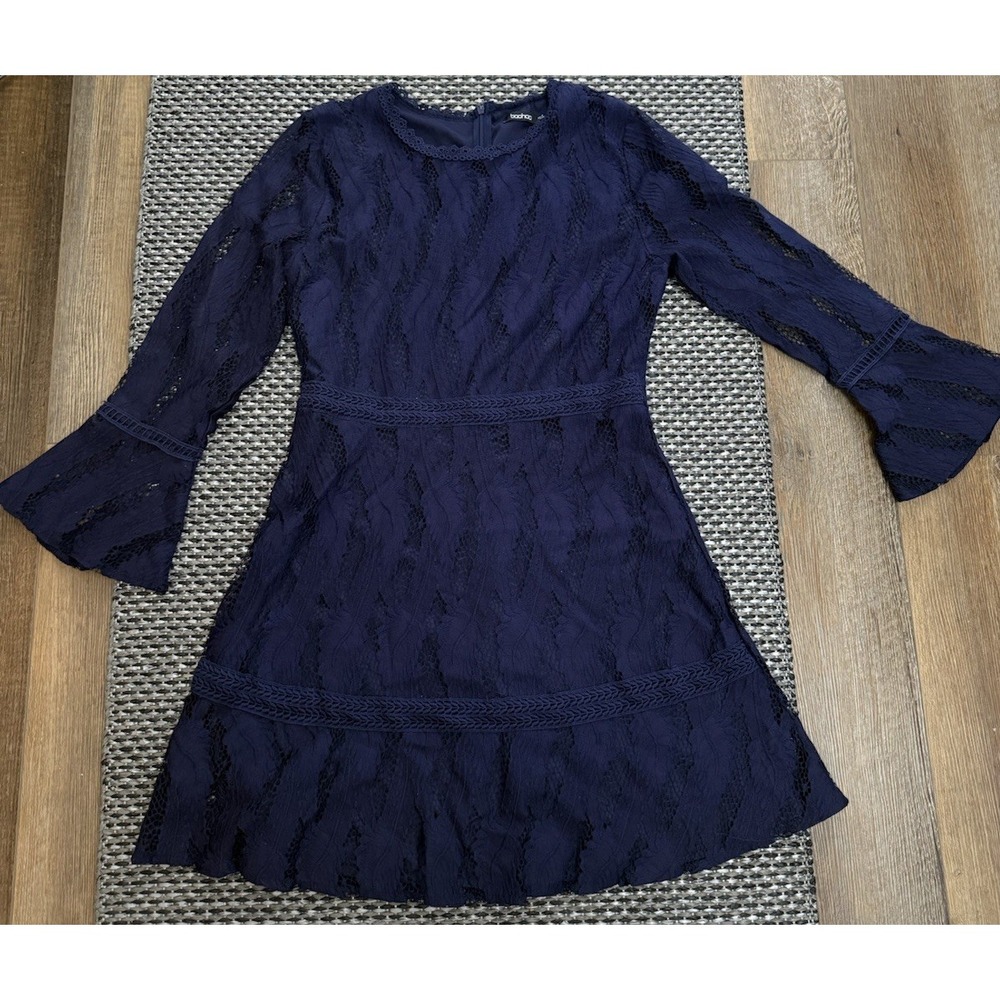 Boohoo Womens Lace Babydoll Flared Sleeve Starlet Short Fit Flare Lined Navy 10